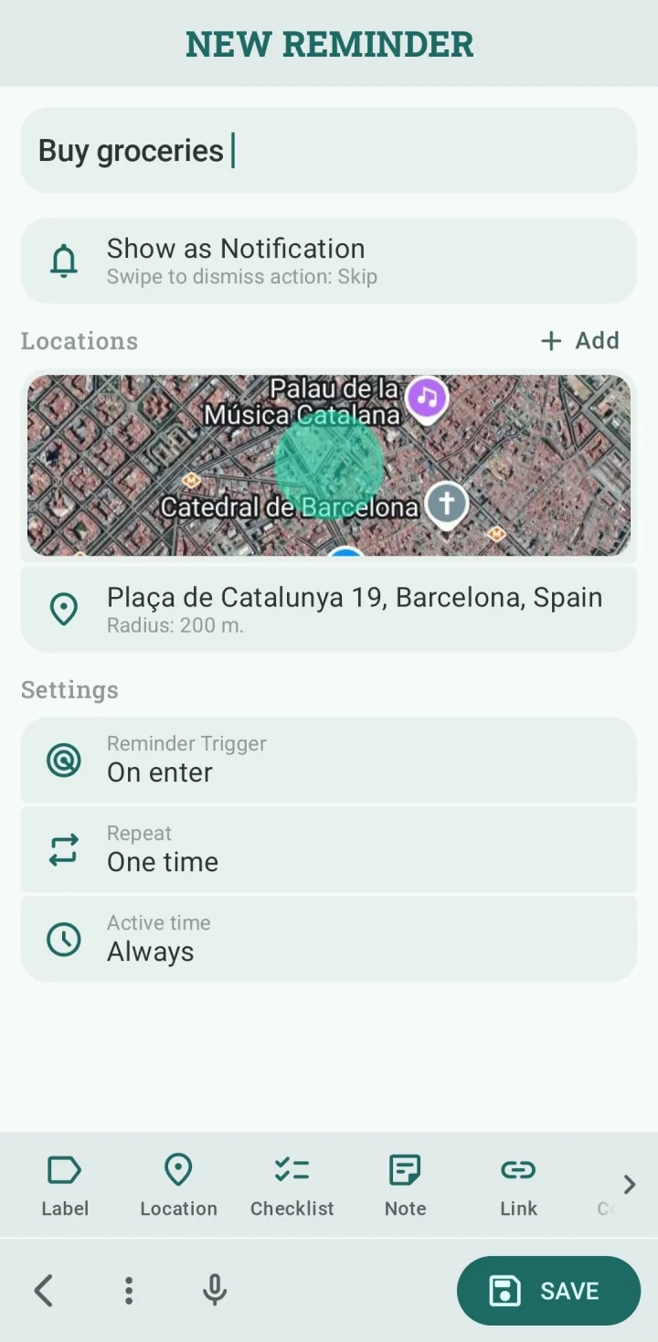 Location reminder with a map and arrival trigger