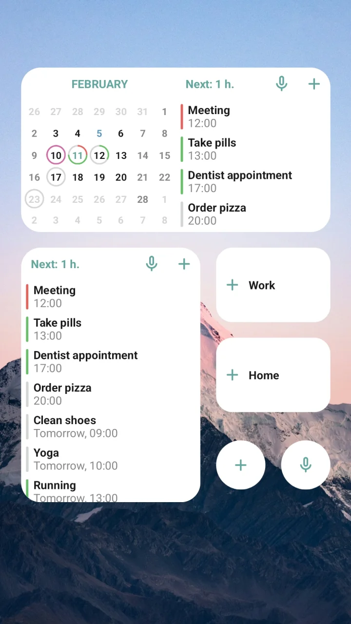 Android home screen widgets with a calendar, reminder lists, and quick add buttons