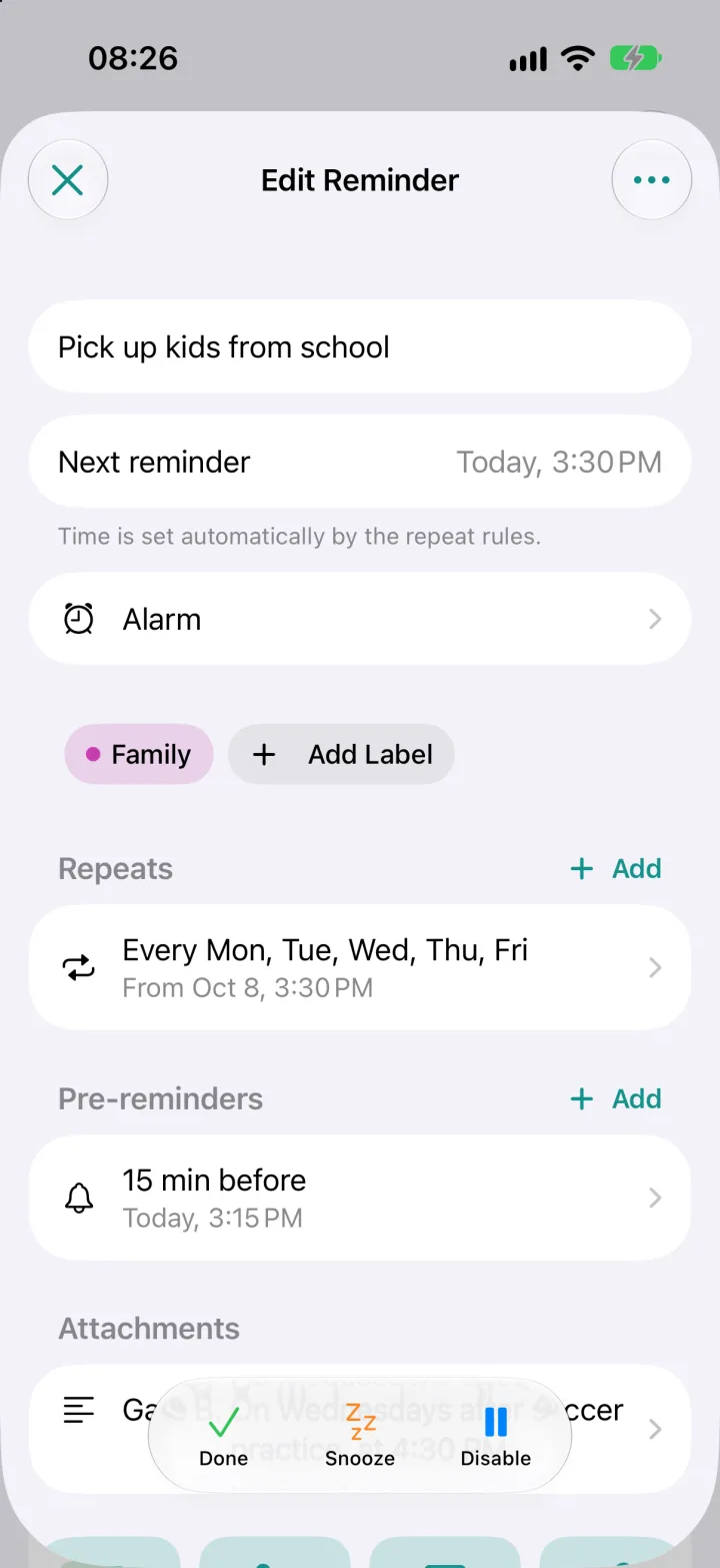 iPhone: reminder editor with repeats and pre-reminders