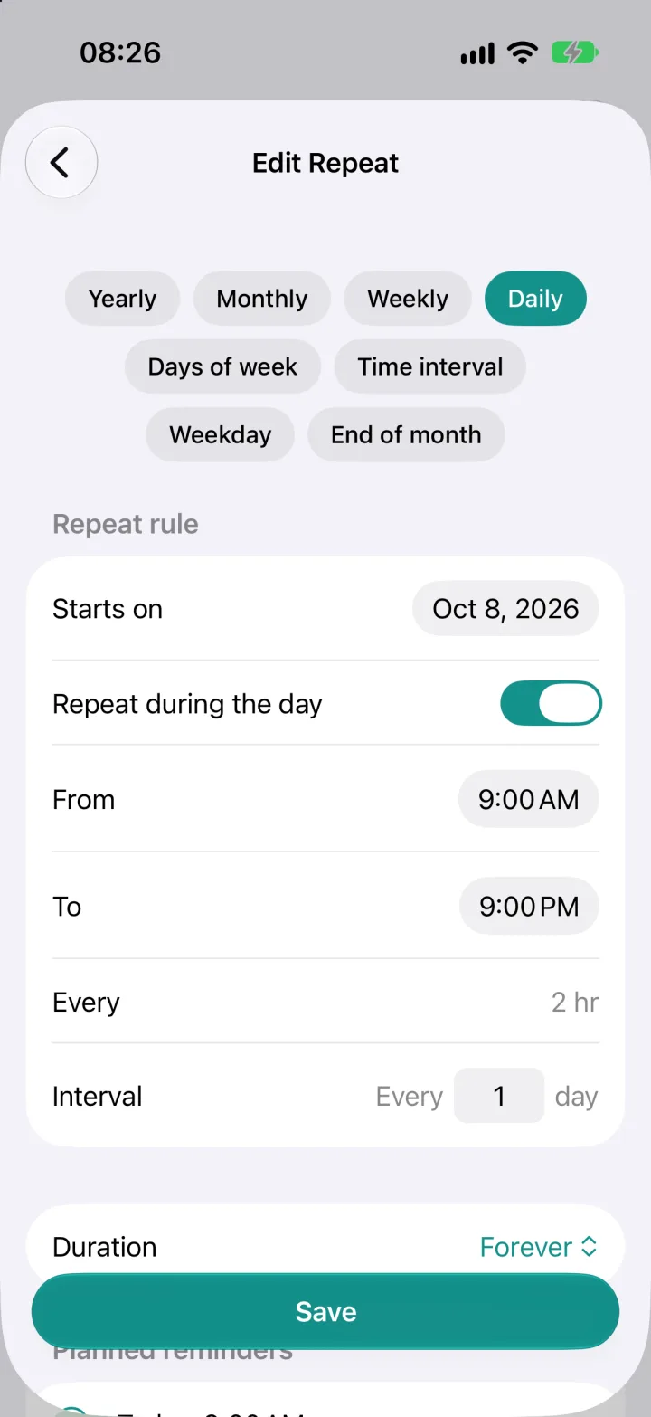 iPhone: repeat rule settings